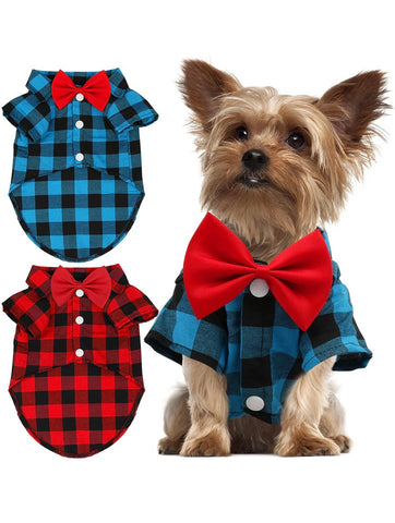 Plaid Puppy Bow Tie Collar Shirt